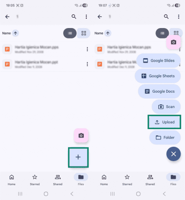 Two Android screenshots side by side. The first one shows a Google Drive folder, and the upload button is highlighted. The second image shows the file options, and the 