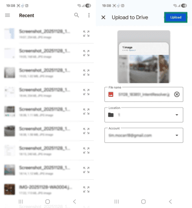 Two Android screenshots side by side. The first one shows a list of recent images that can be uploaded to Google drive. The second screenshots shows the upload options for a specific image, and the 