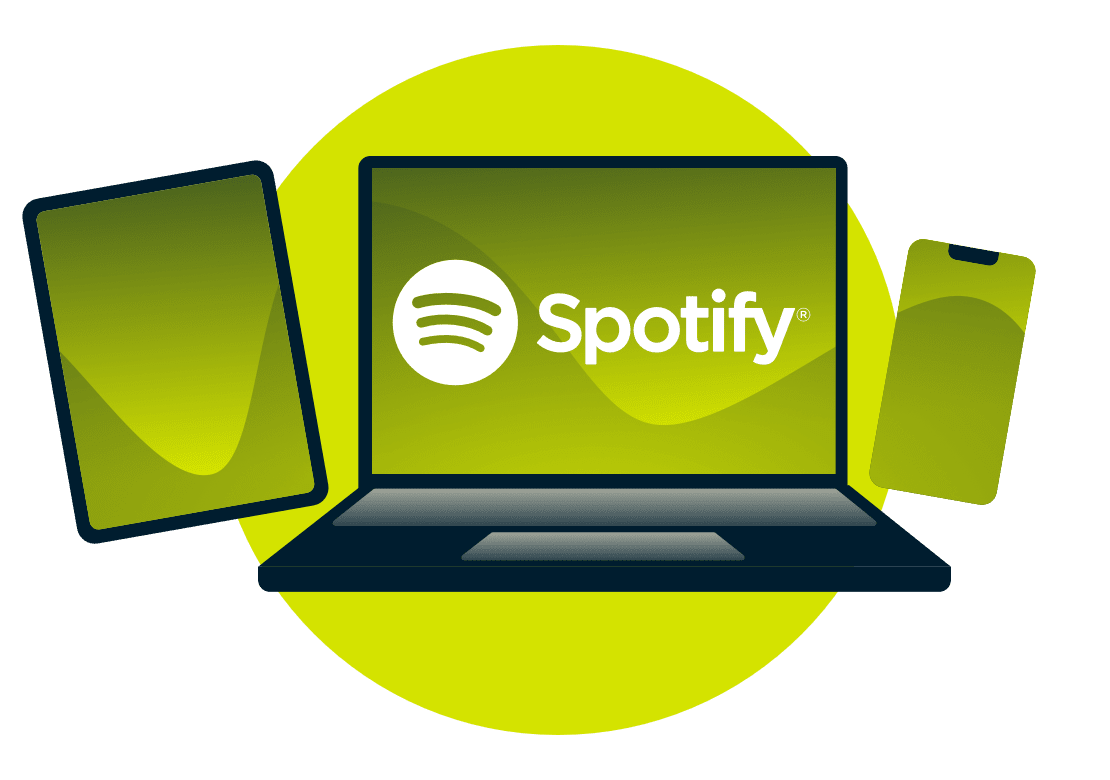 Una laptop, una tablet y un teléfono con el logotipo de Spotify.