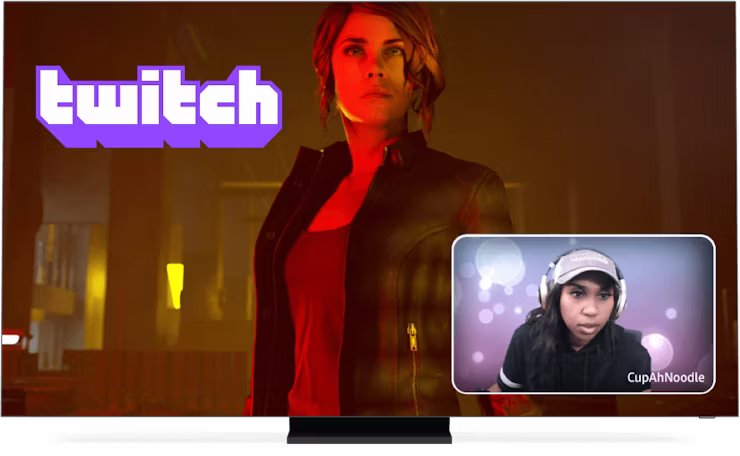 Twitch-logo, peli ja striimaaja ruudulla.