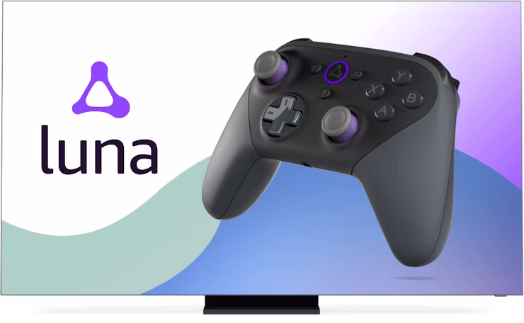 N&auml;ytt&ouml;, jolla on Amazon Luna -logo sek&auml; peliohjain.